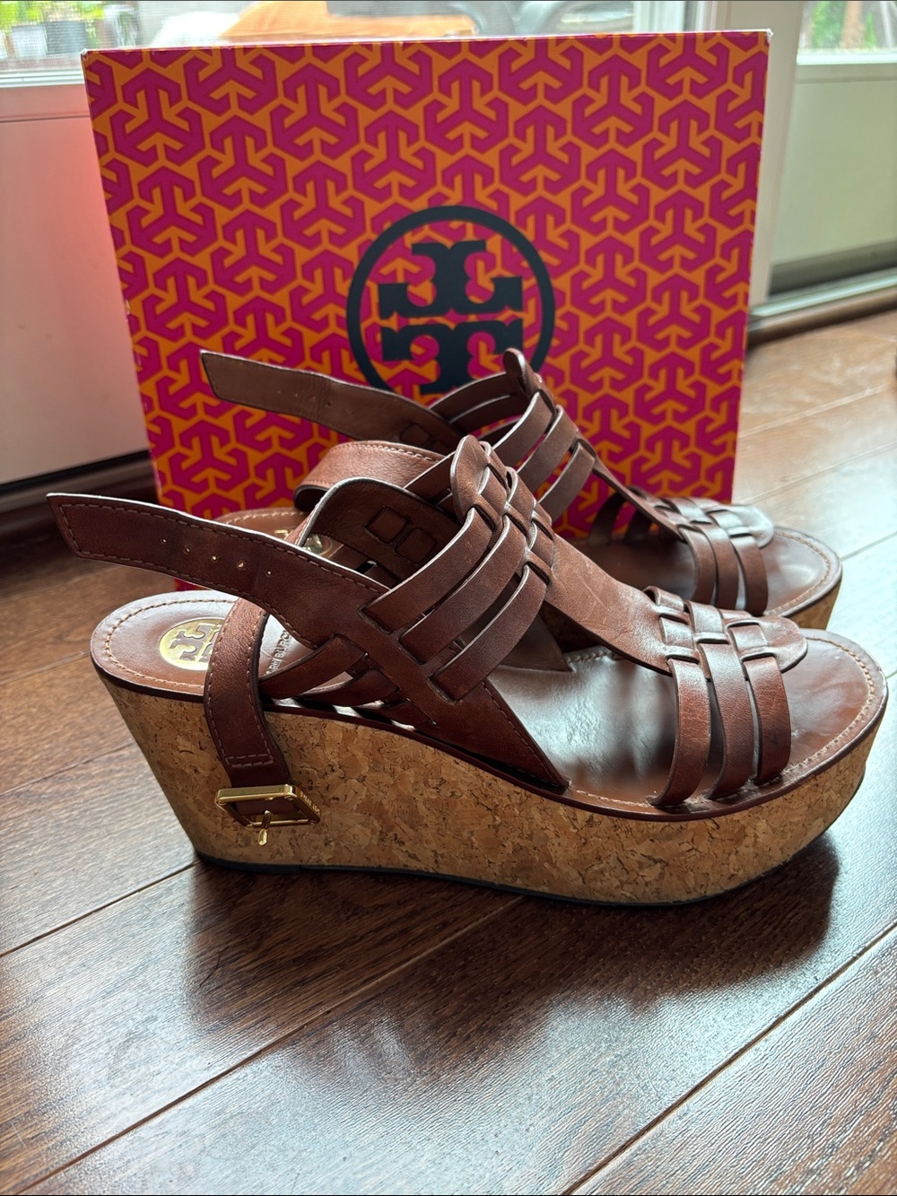 Tory Burch Brown Leather Cork Wedge Sandals - Picture 6 of 9